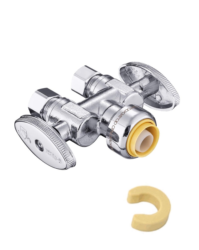 EFIELD Push Fit 1/2" x Dual 3/8" ; OD Compression Straight Stop Valve 1/4 Turn with a Disconnect Clip Tool,(PF-VALVE039) - Image 1
